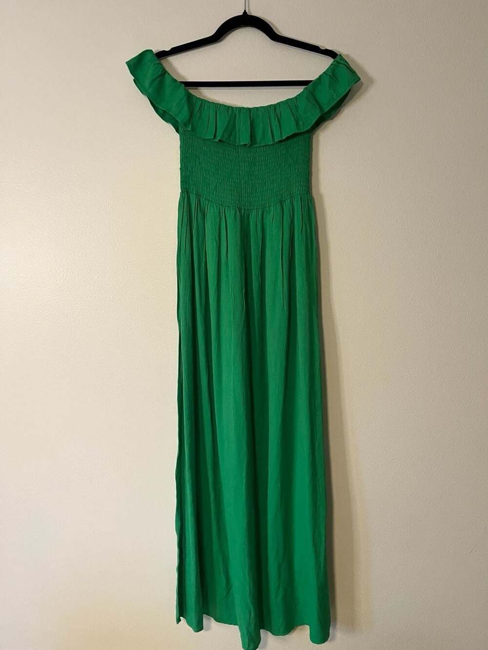 Vine & Love Off-The-Shoulder Smocked Green Maxi Dress (FB1)
